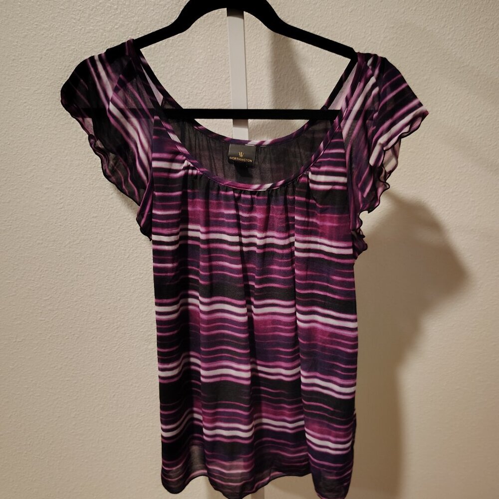 Worthington Women's Top Size Medium Polyester Purple Black Striped Stripes